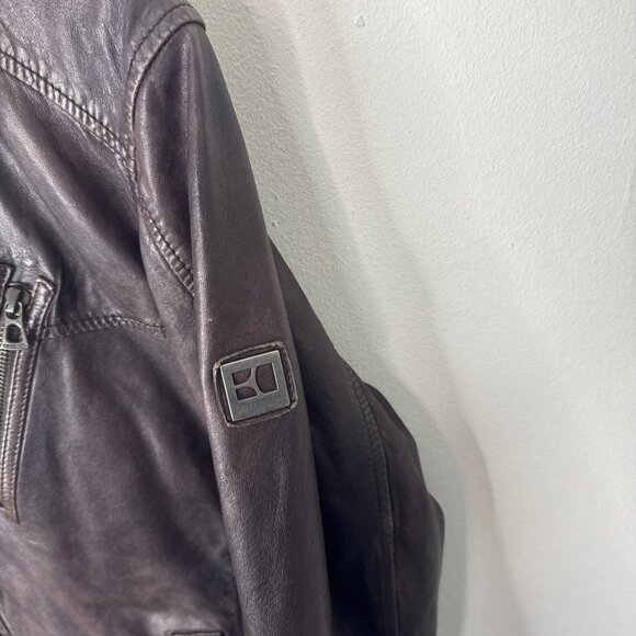 Hugo Boss Orange Men’s Lamb Leather Jacket Brown Size 38 Moto Plaid Lined Zip - Picture 2 of 12